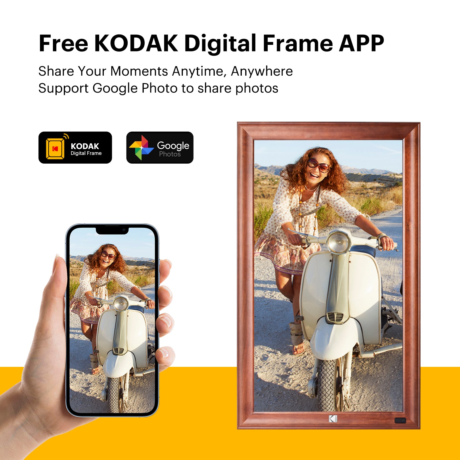 KODAK 32-inch Wi-Fi Enabled Large Wall Screen Digital Photo Frame, WF320V with 32GB Internal Memory, Wooden Frame with Photo, Video, Clock, Calendar, Weather Features and SD Card, USB and 3.5 Earphone Ports (Remote Control Incl.)