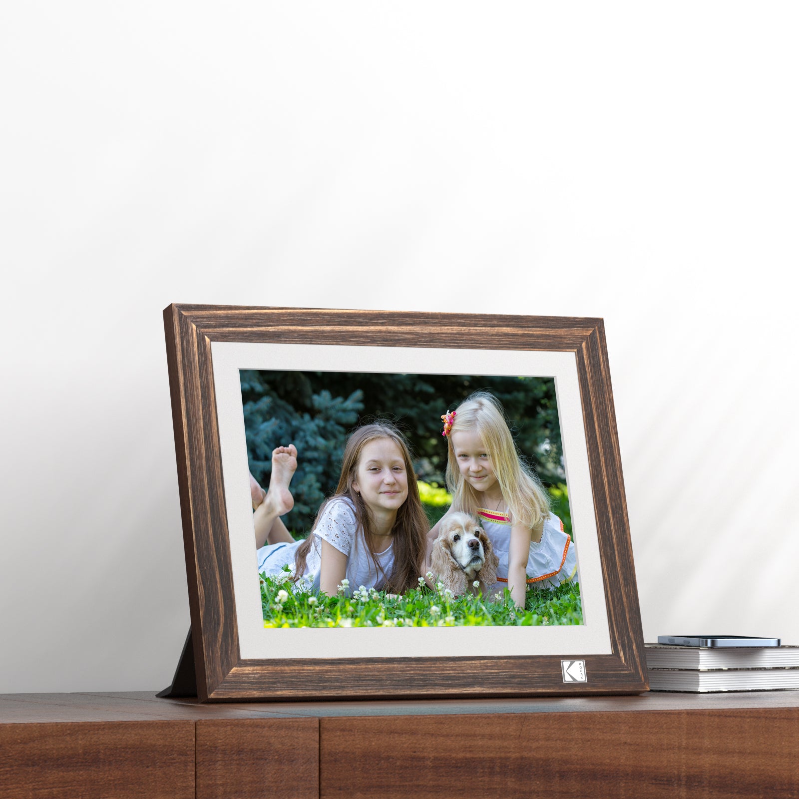 Kodak Rustic Wood WiFi-Enabled Digital Photo Frame HDPF-978, Advanced 9.7” Touchscreen with 2K Resolution, 32GB Internal Memory and Adjustable Stand
