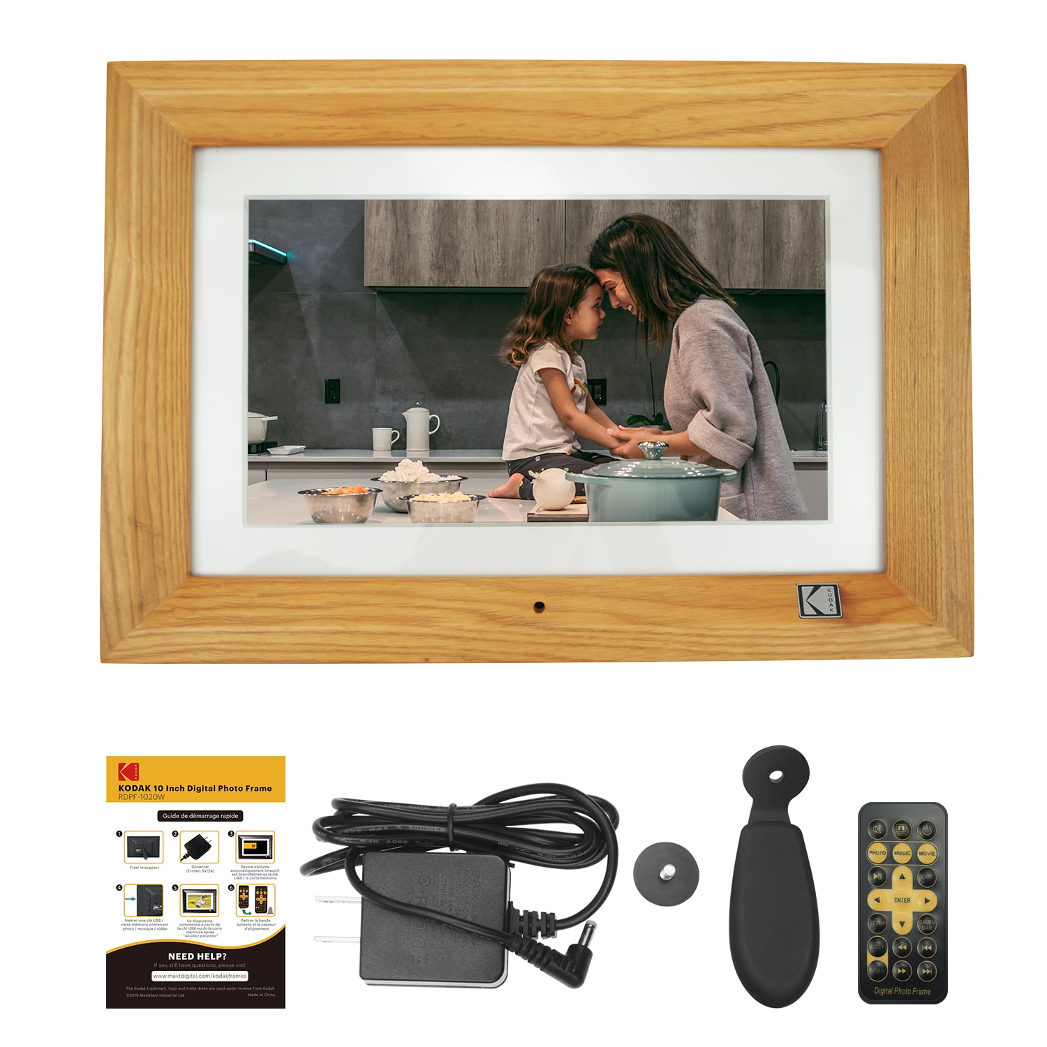 Kodak 10-inch Digital Photo Frame in Burlywood Frame comes with accessories to keep it powered and a controller