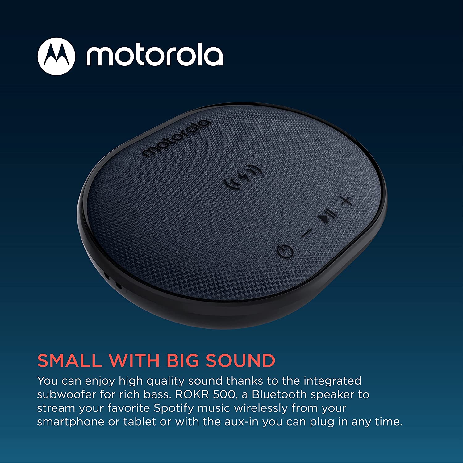 Motorola ROKR 500 Bluetooth Speaker with Integrated Wireless Charging Pad, Portable Speaker with Microphone for Handsfree Calls IPX6 Water Resistant
