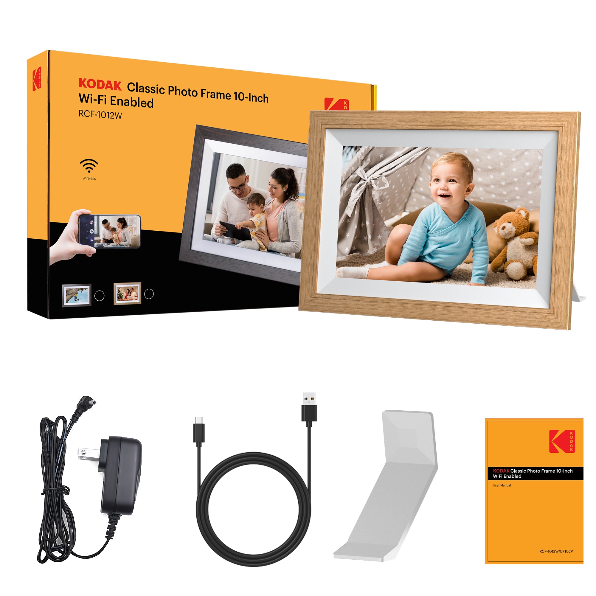 Kodak Classic Wooden Digital Photo Frame 1012W, 10.1 inch Touchscreen, WiFi Enabled, 16GB Internal Memory extendable with Memory Card