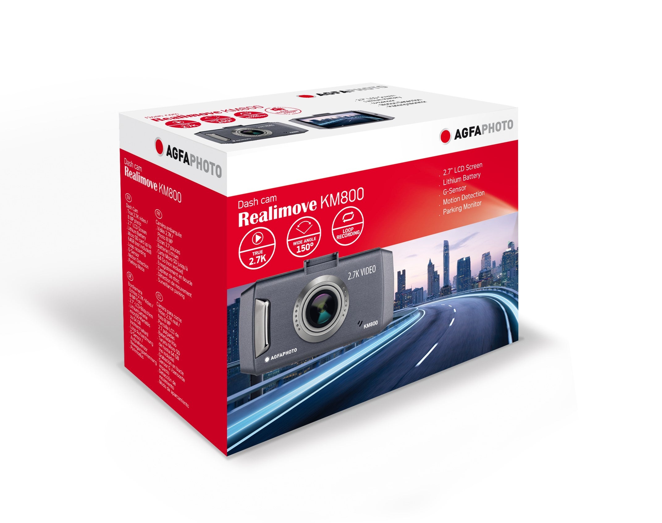 AgfaPhoto Realimove KM800 2.7K Ultra HD Dash Cam with LCD Screen, 150 Degree Wide Angle Lens, G-Sensor, Motion Detection and Parking Monitor