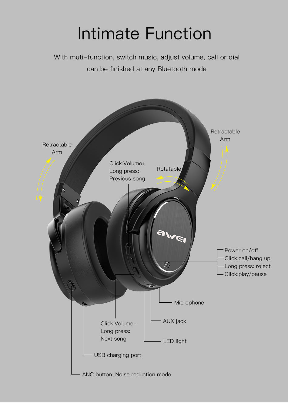 Awei A950BL Active Noise Cancellation Bluetooth Wireless Headphones (Over-Ear, Foldable) up to 46h playback on Single Charge
