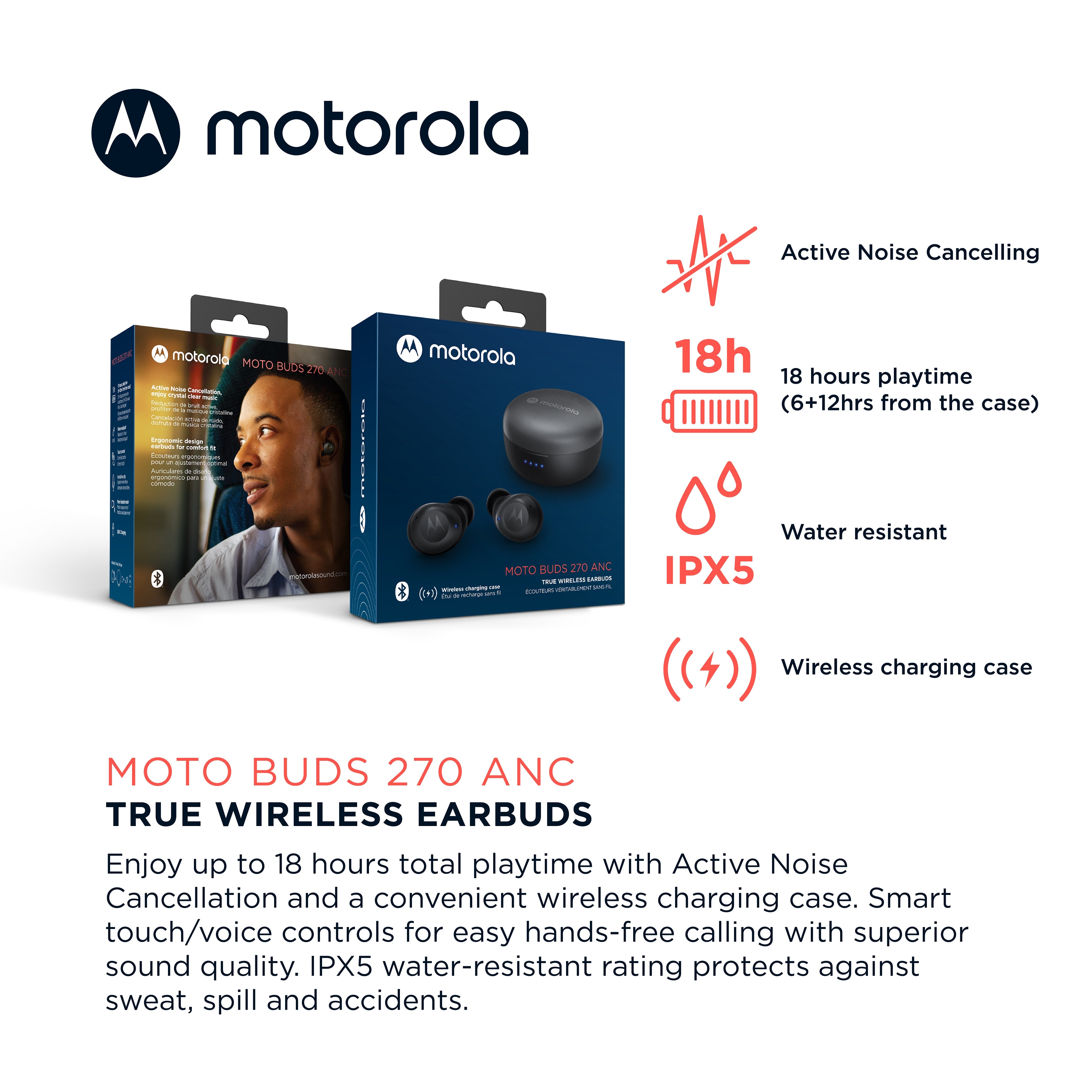 Motorola MOTO BUDS 270 ANC, True Wireless Earbuds with Active Noise Cancellation and Wireless Charging Case
