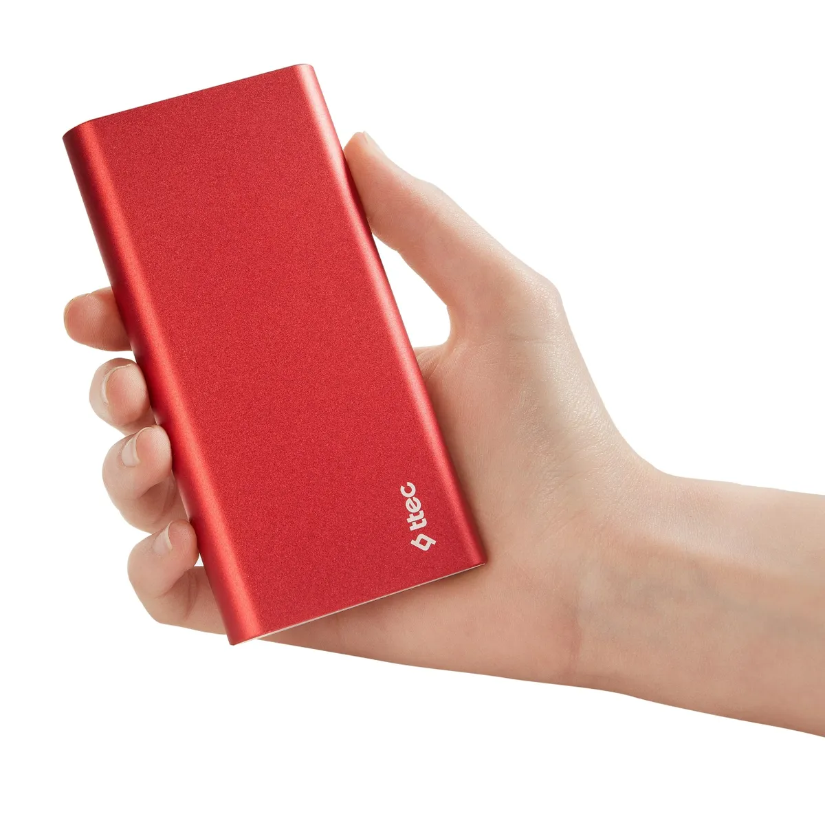 ttec AlumiSlim S Universal Mobile Charger Power Bank 10000 mAh in red, smaller than hand